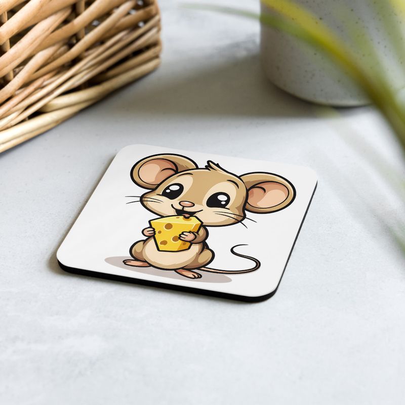 Cork-Back Coaster, Small Mouse happily licking large chunk of cheese, pqapy6