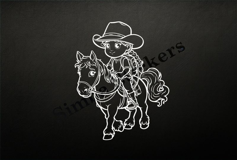 Horse being ridden by a small girl in a cowgirl hat, outline art