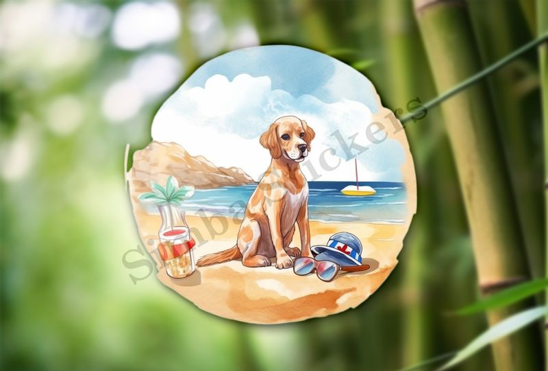 Dog at the beach, next to hat, watercolour
