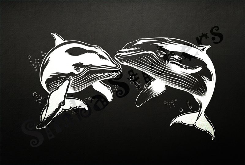 Whales nose-to-nose in love, with bubbles under water, outline art