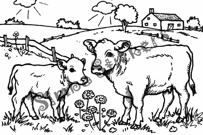 Colouring pages, bundle of cattle on beautiful farm, 10 images