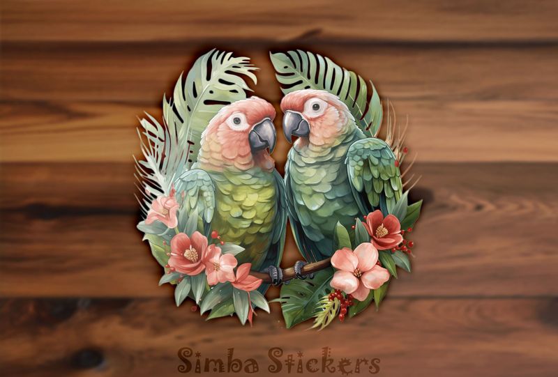 Green parrots in green leaves and pinkish flowers, watercolour, yk2x8b