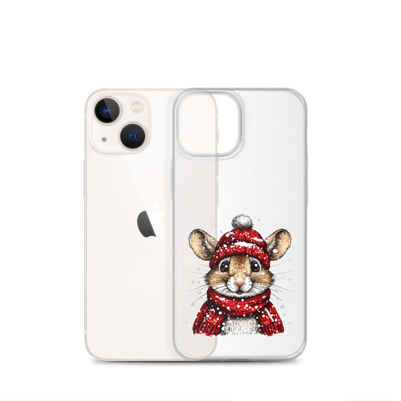 Clear Case for iPhone, Mouse wearing red winter hat and scarf in the snow, xg8dl3