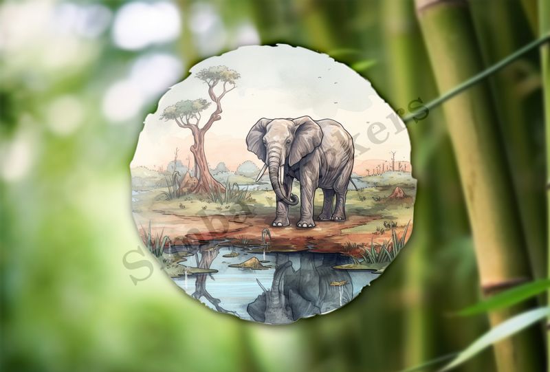 Elephant behind a pond in the Savanna   