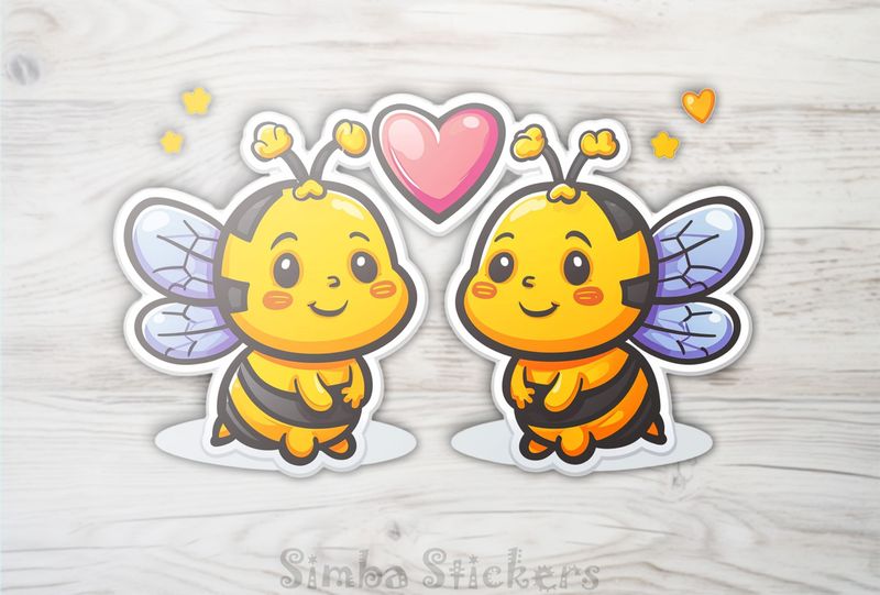 Bees in love looking shy, Valentine&#x27;s heart above