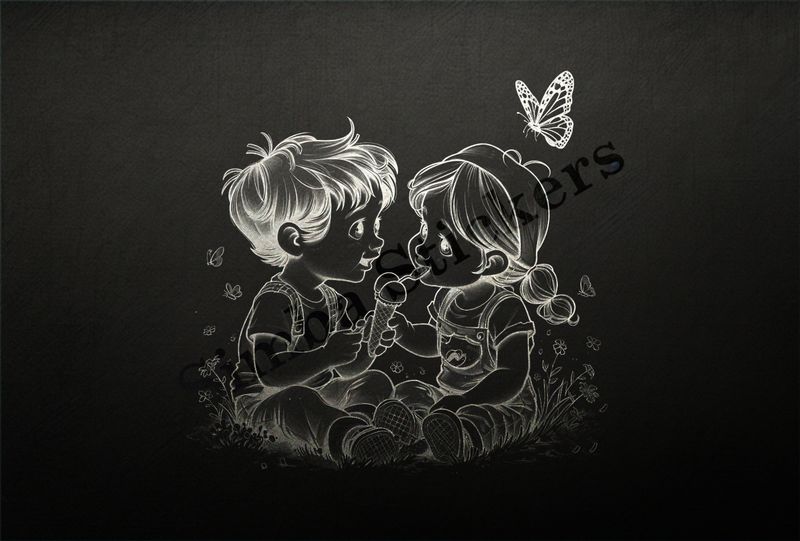 Boy and girl sharing an ice cream, butterfly above them, outline art