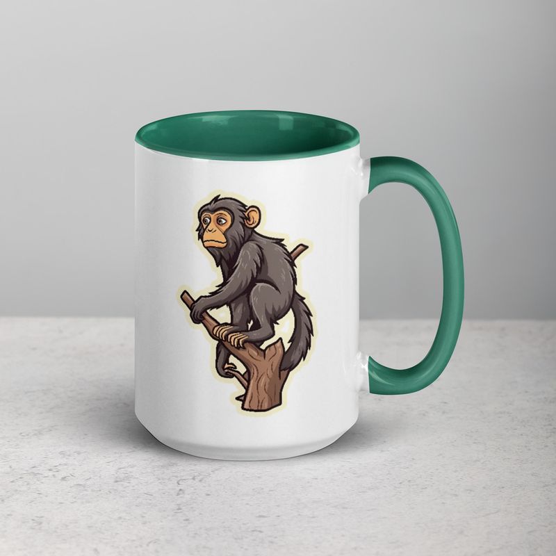 White Ceramic Mug with Color Inside, 11oz &amp; 15oz, Baboon on a tree, looking sad, head-to-head