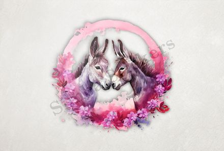 Donkeys in love, purple leaves, watercolour