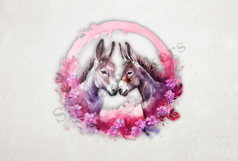 Donkeys in love, purple leaves, watercolour
