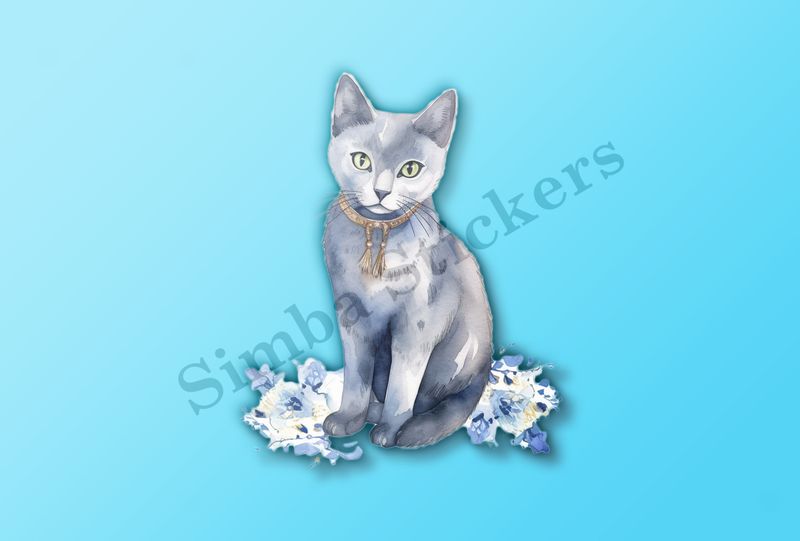 Russian blue cat sitting, watercolour