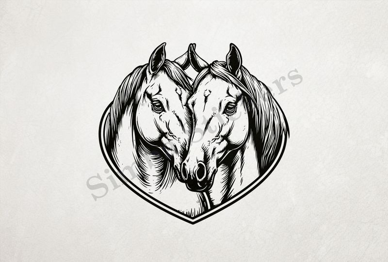 Horses nose-to-nose, in a heart, outline art
