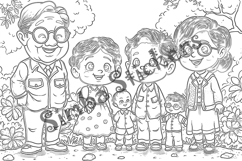 Colouring pages, bundle of people, grandparents with children, 25 images