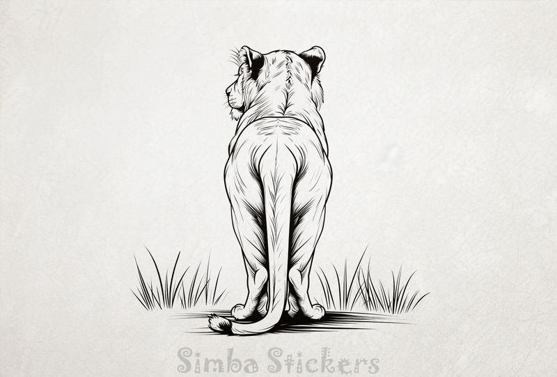 Lioness dragging tail on the ground, from the back, outline art, z1kslu