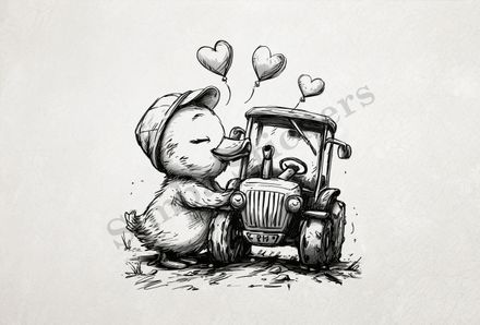 Duckling kissing farmer&#x27;s tractor, outline art