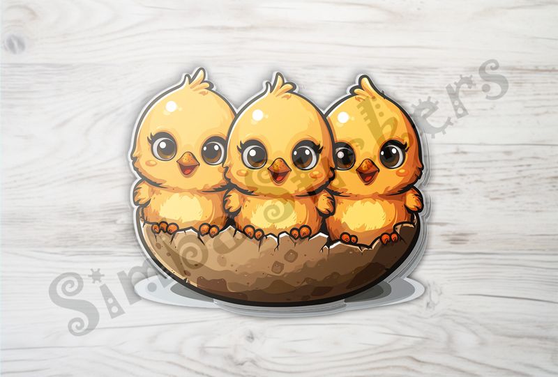 Happy Chick Triplets in half-intact eggshell