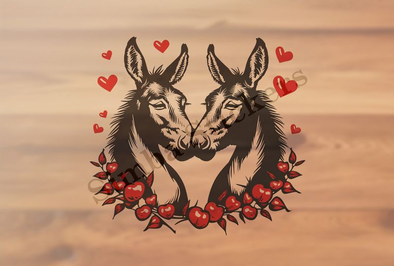 Donkeys in love, nose-to-nose, flower wreath, outline art