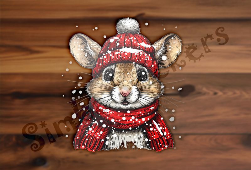 Mouse wearing red winter hat and scarf in the snow