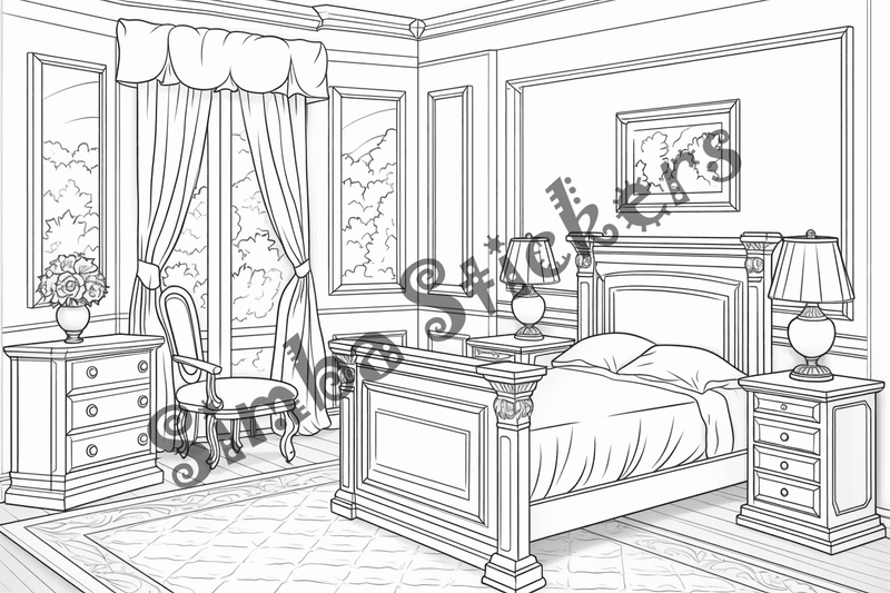 Colouring pages, bundle of house bedrooms, 25 images