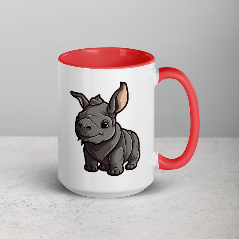White Ceramic Mug with Color Inside, 11oz &amp; 15oz, Black rhino calf looking cute 