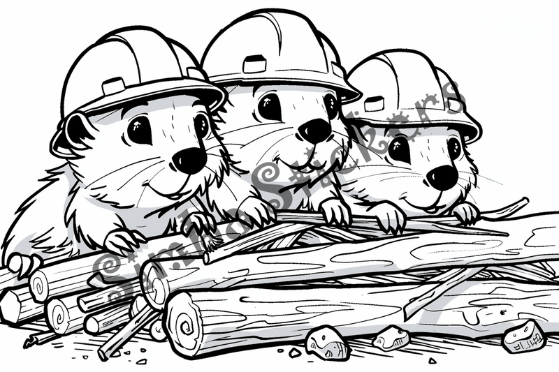 Colouring pages, bundle of beavers building in hard hat, 10 images