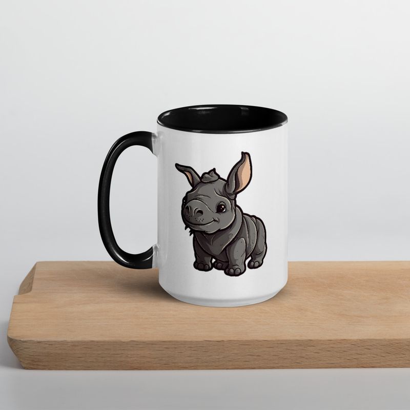 White Ceramic Mug with Color Inside, 11oz &amp; 15oz, Black rhino calf looking cute 