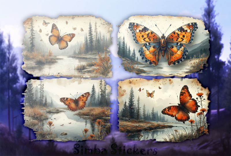 Butterflies floating above rivers, 4-in-1, vintage, ovoilc