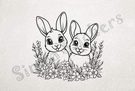 Hares behind flowers, outline art