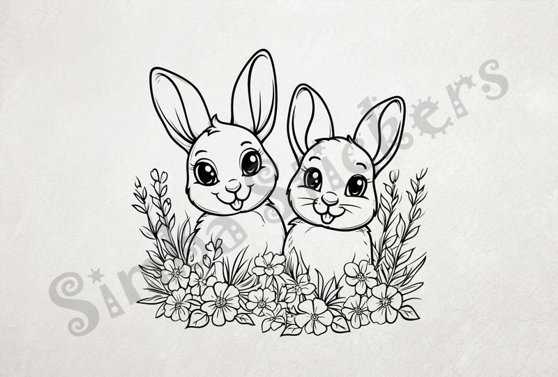 Hares behind flowers, outline art