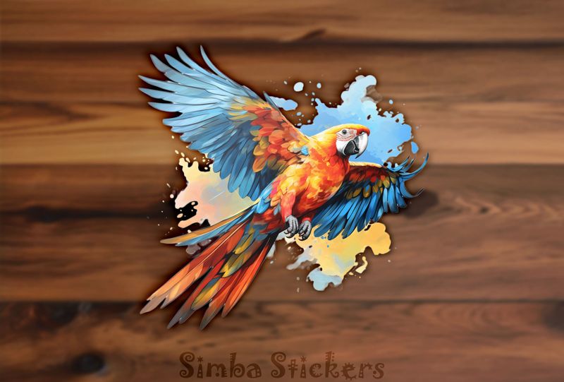 Parrot with yellow and blue background, wings outspread, watercolour, 6317of