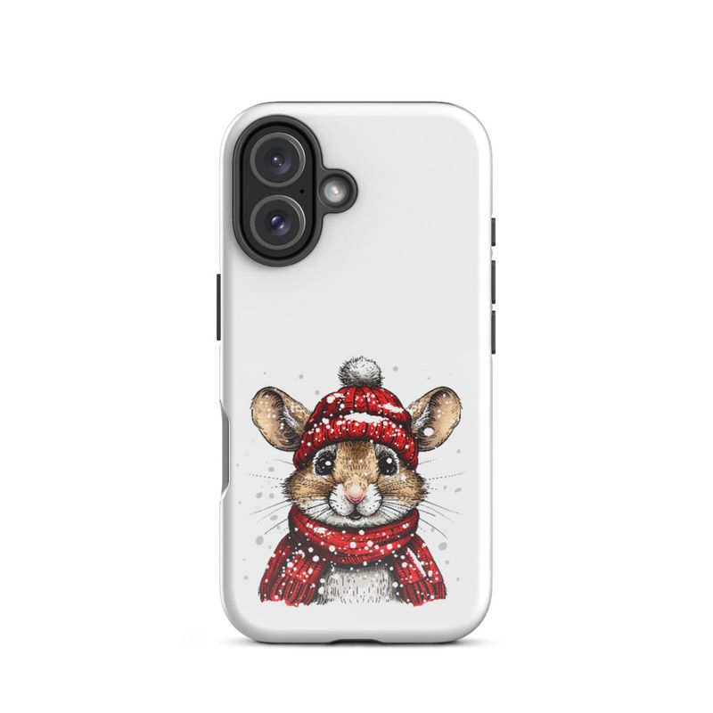 Tough Case for iPhone, Mouse wearing red winter hat and scarf in the snow, xg8dl3