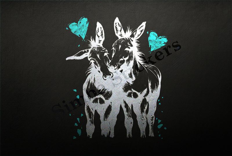 Donkeys in love, nose-to-nose, hearts in picture, outline art