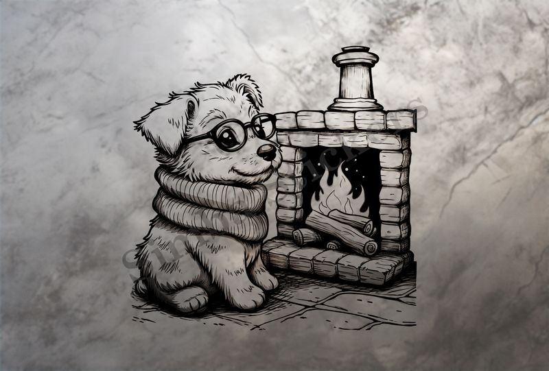 Cute dog in glasses by the fireplace, outline art