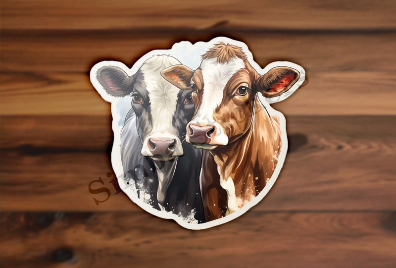Cows, black and brown,  cheek-to-cheek, watercolour