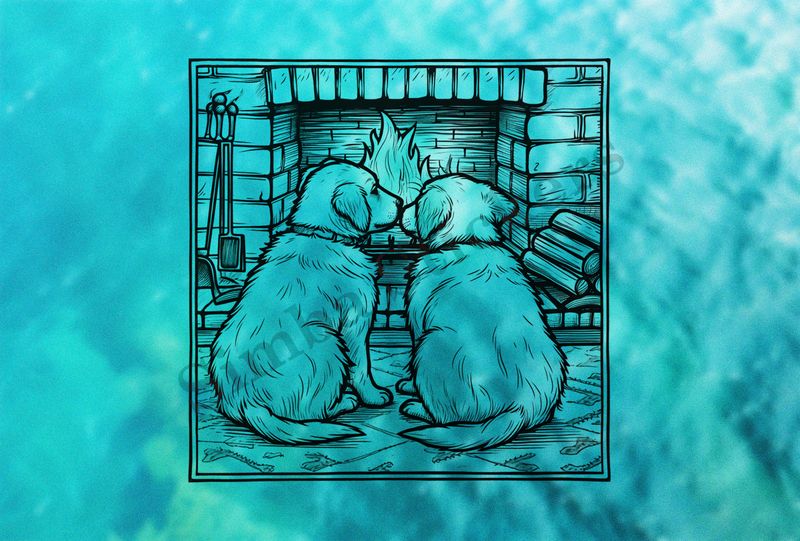 Dogs cuddling by a fireplace, from behind, outline art