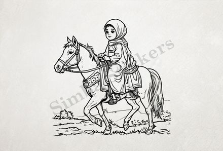 Horse being petted by a small veiled Mediterranean girl, outline art