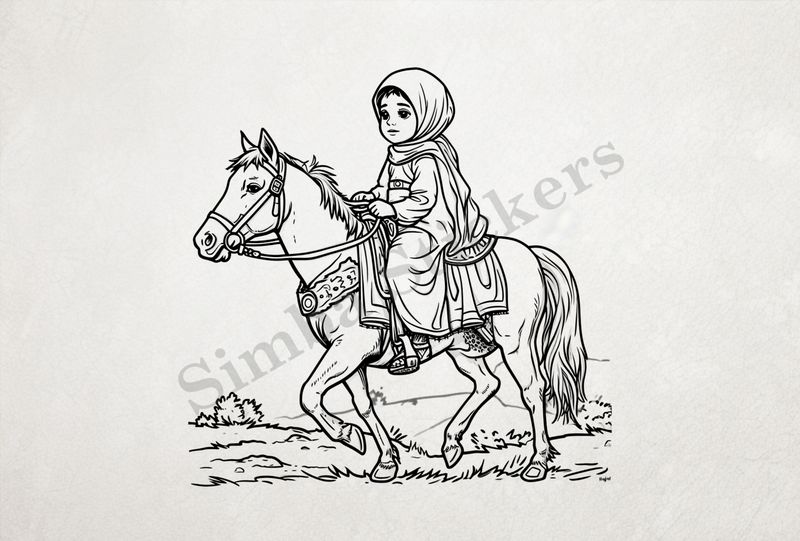 Horse being petted by a small veiled Mediterranean girl, outline art