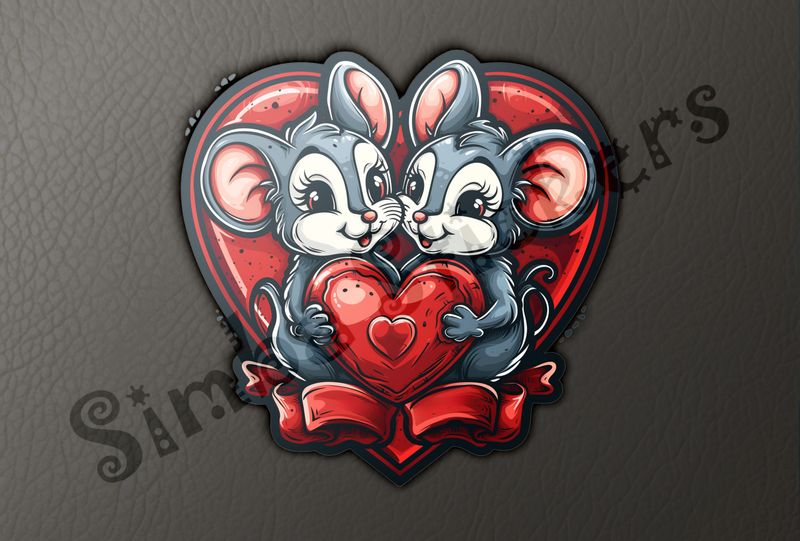 Mice in happily holding onto Valentine&#x27;s heart, inside larger heart