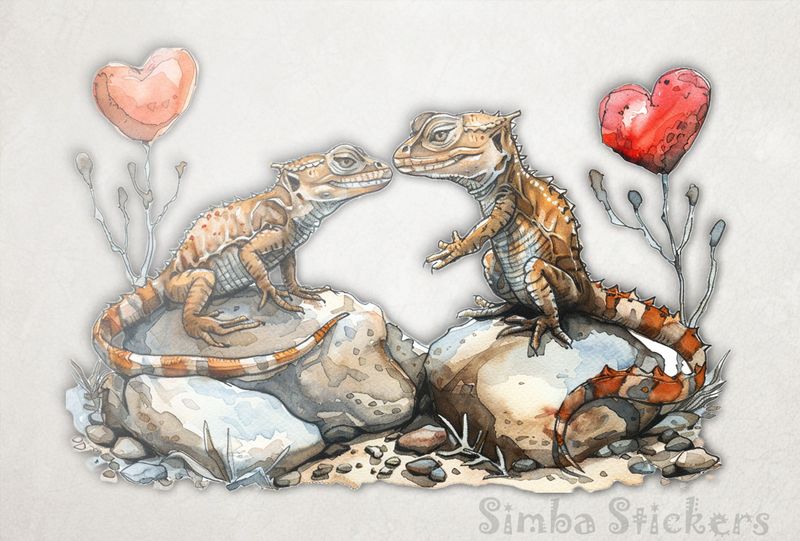 Lizards in love on 2 rocks, watercolour