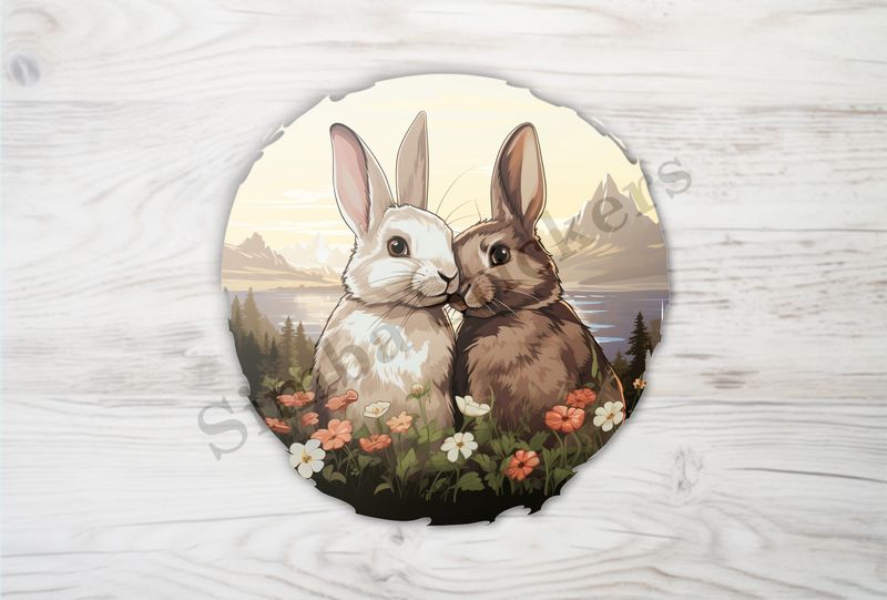 Rabbits in love , nose-to-nose, lake and mountains in background