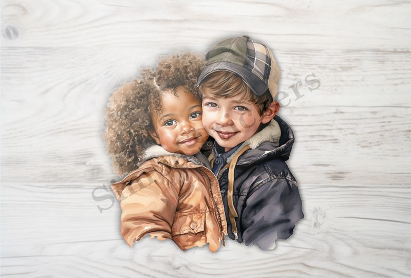 Girl and boy cheek-to-cheek, boy in hat