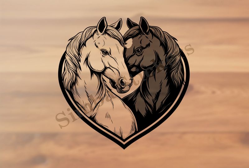 Horses in love, black and white, bust, in heart frame, outline art
