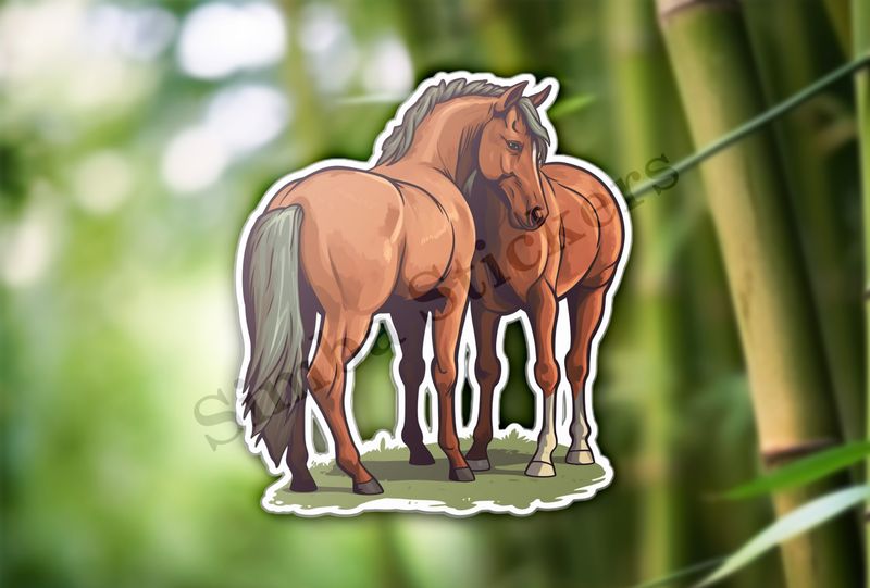 Two brown horses on green grass