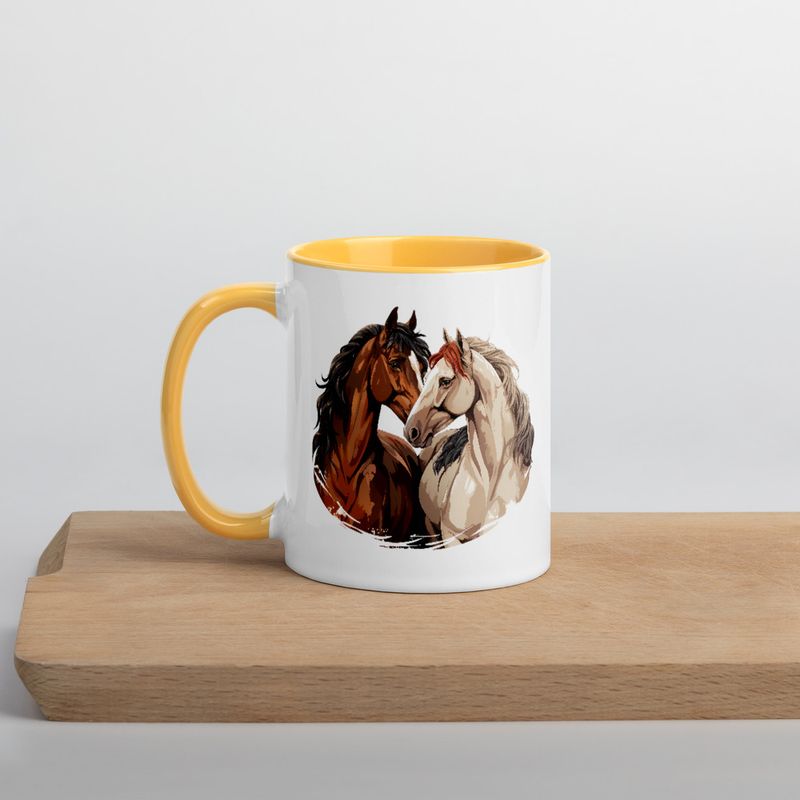 White Ceramic Mug with Color Inside, 11&amp;15oz, Horses nose-to-nose, jbgjpy