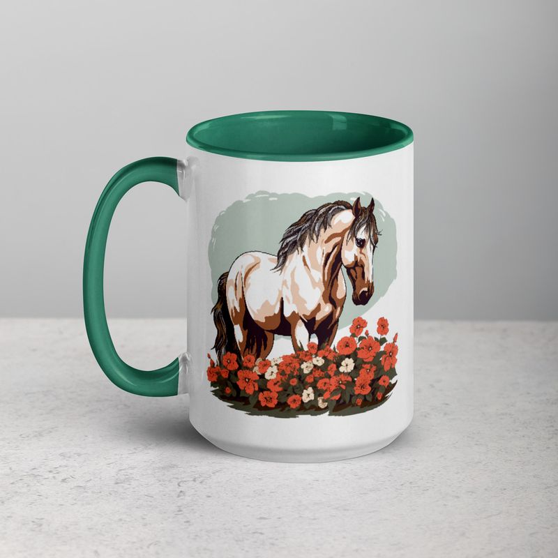 White Ceramic Mug with Color Inside, 11&amp;15oz, Brown horse in field of red flowers, n4w2fj