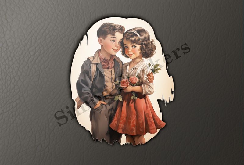 Girl and boy, girl holding flowers