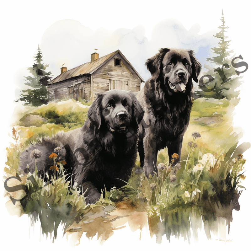 Newfoundland dogs, watercolour, image set, 10 images