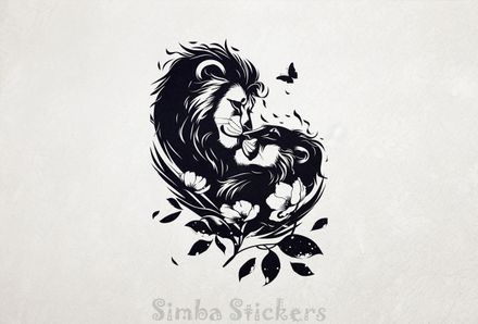 Male with lioness embracing among flowers, outline art, bwsylo