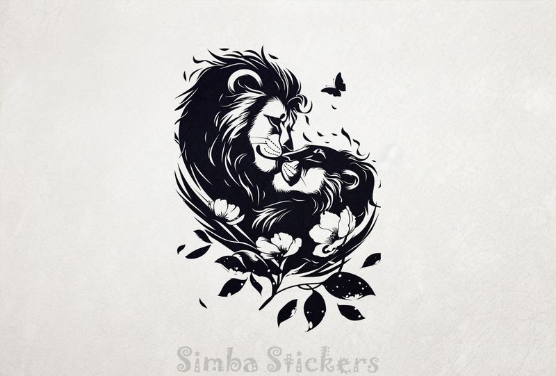 Male with lioness embracing among flowers, outline art, bwsylo