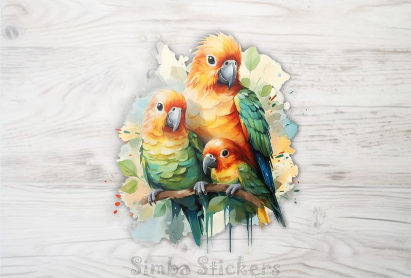 Parrots in love perching with youngling, nwgcer