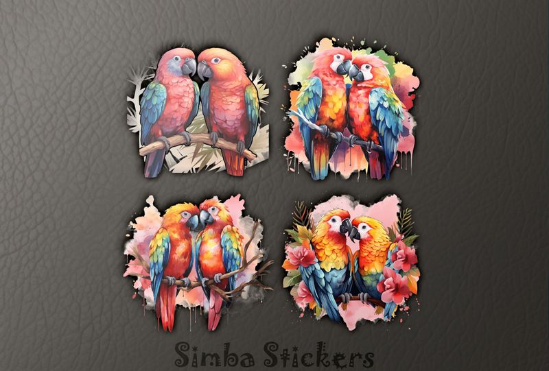 Parrots in love perching nose-to-nose, watercolour, 4-in-1, wbxkpp